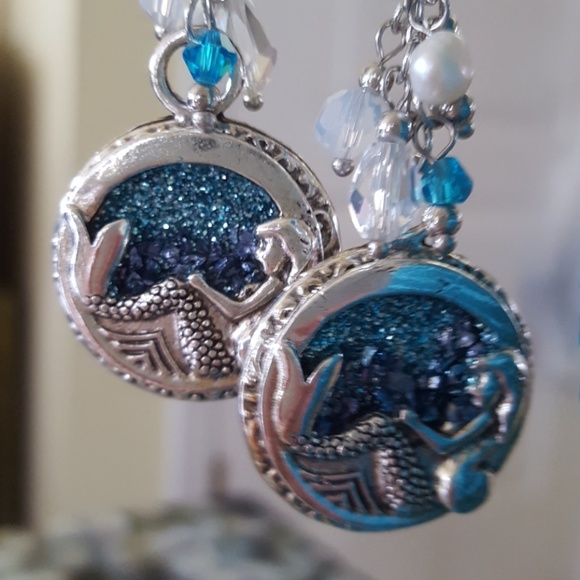 Blue druzy Mermaid Dangle drop Earrings Hypoallergenic Stainless Steel J Hooks - Picture 4 of 10